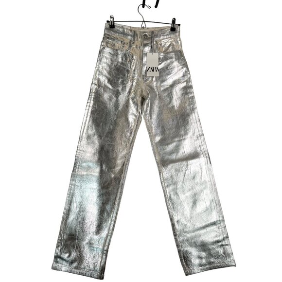 ZARA MID-RISE BOYFIT‎ Painted straight leg JEANS  Metallic Silver sz 4 - Picture 2 of 13